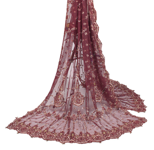 Sushila Vintage Net Mesh Maroon Heavy Dupatta Zardozi Cutwork Bridal Long Stole