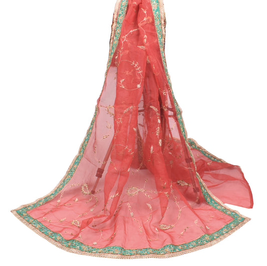 Sushila Vintage Red Heavy Dupatta Zardozi Work Art Organza Wedding Long Stole