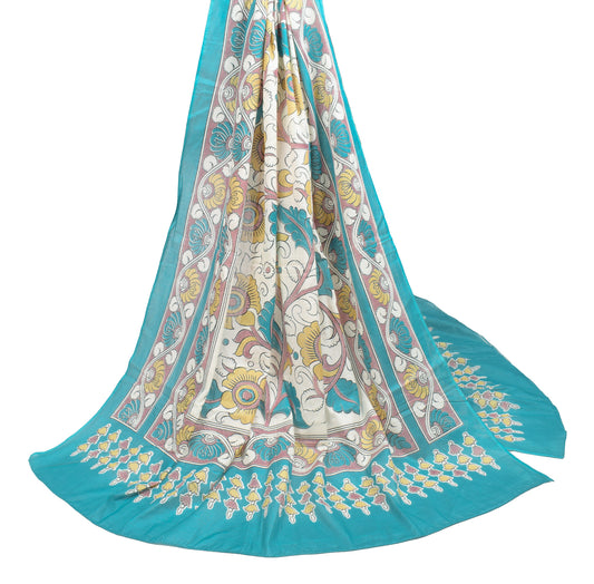 Sushila Vintage Hand Printed Kalamkari Dupatta Pure Cotton Cream Long Stole Wrap