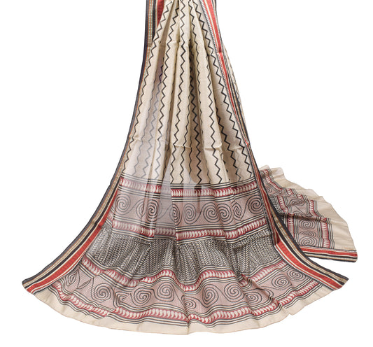 Sushila Vintage Pure Cotton Silk Dupatta Hand Block Cream Long Stole Wrap