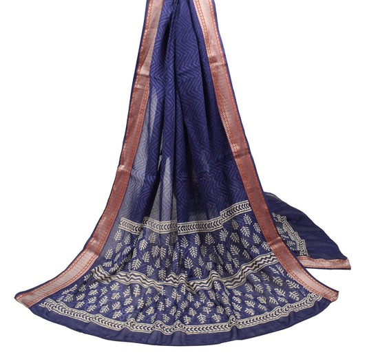 Sushila Vintage Blue Hand Block Dupatta Woven Border Pure Cotton Long Stole