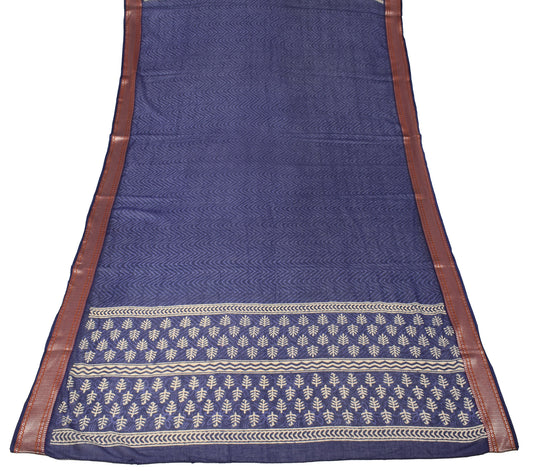 Sushila Vintage Blue Hand Block Dupatta Woven Border Pure Cotton Long Stole