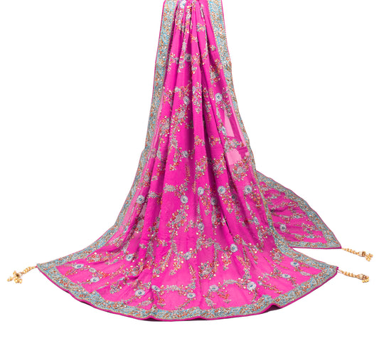 Sushila Vintage Fuchsia Heavy Dupatta Sequins Zari Embellish Pure Georgette Long Stole