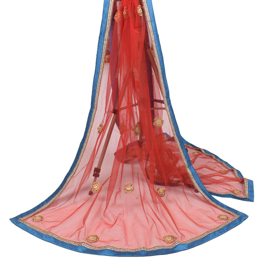 Sushila Vintage Kundan Pearl Embellish Dupatta Net Red Wedding Long Stole