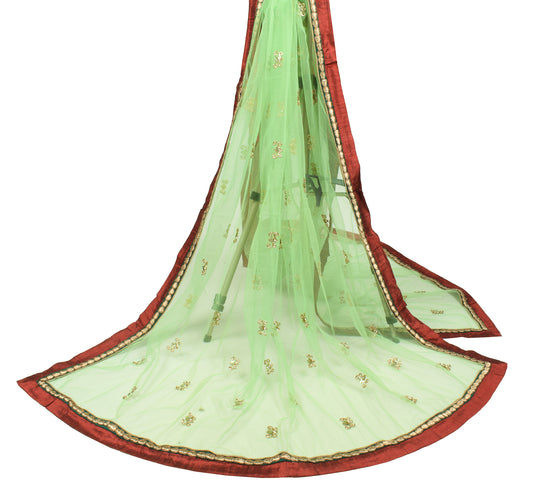 Sushila Vintage Green Net Mesh Dupatta Zardozi Sequins Work Long Stole Wrap