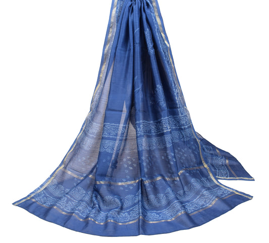 Sushila Vintage Blue Dupatta Pure Cotton Silk Hand Block Printed Long Stole