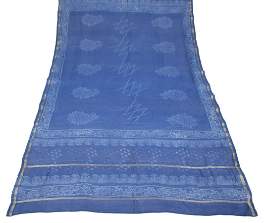 Sushila Vintage Blue Dupatta Pure Cotton Silk Hand Block Printed Long Stole