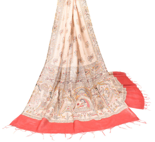 Sushila Vintage Madhubani Printed Dupatta Art Cotton Silk Beige Long Stole Wrap