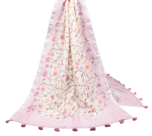 Sushila Vintage White Floral Dupatta Pure Cotton Linen  Embroidered Long Stole