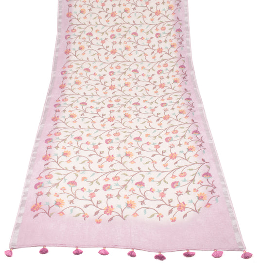 Sushila Vintage White Floral Dupatta Pure Cotton Linen  Embroidered Long Stole
