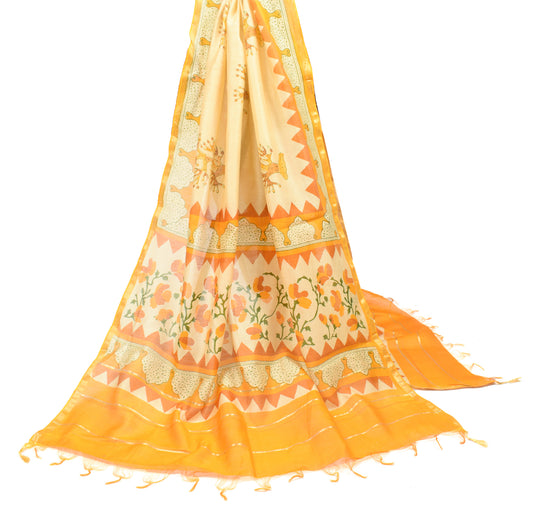 Sushila Vintage Yellow Dupatta Hand Block Printed Pure Cotton Silk Long Stole Veil
