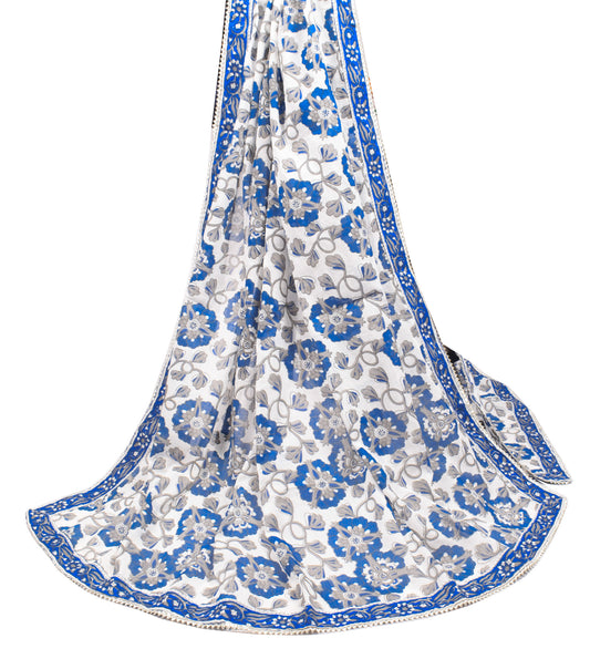 Sushila Vintage White Blue Dupatta Pure Cotton Hand Block Printed Long Stole