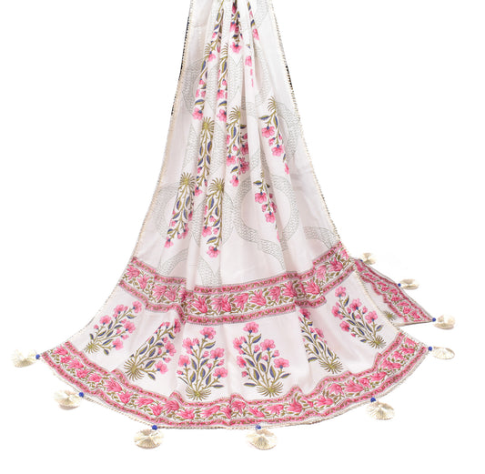 Sushila Vintage Pure Cotton Dupatta Floral White Hand Block Printed Soft Long Stole