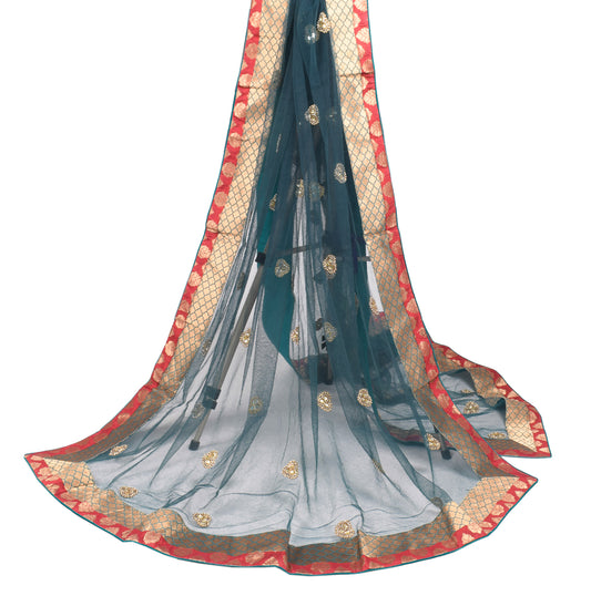 Sushila Vintage Teal Blue Dupatta Net Mesh Hand Beaded Patch Work Long Stole