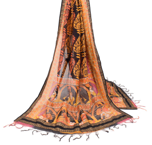 Sushila Vintage Black Hand Printed Dupatta Pure Cotton Silk Long Stole Wrap