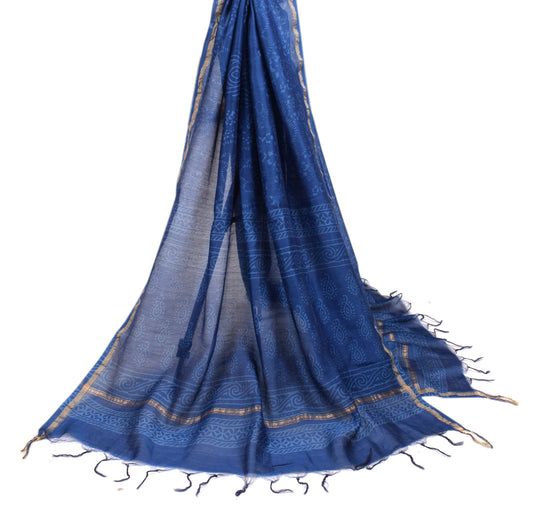 Sushila Vintage Indigo Dupatta Pure Cotton Silk Hand Block Long Stole Wrap