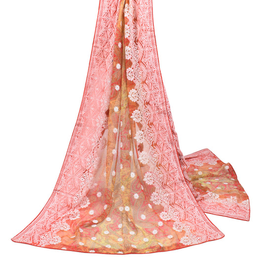Sushila Vintage Red Yellow Dupatta Pure Chiffon Printed & Embroidered Long Stole