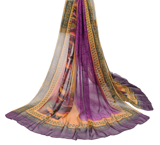 Sushila Vintage Purple Printed Dupatta Pure Georgette Silk Long Stole Veil