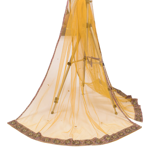 Sushila Vintage Net Mesh Dupatta Mustard Glass Beads Embellish Long Stole