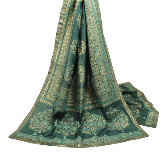 Sushila Vintage Dark Green Dupatta Art Silk Hand Printed Floral Long Stole Wrap