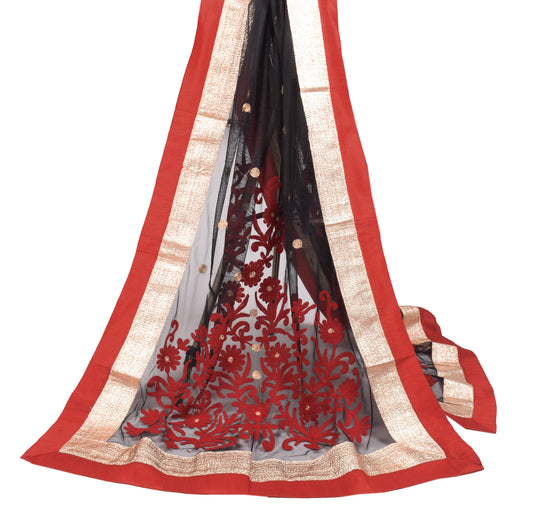 Sushila Vintage Net Black Dupatta Floral Embroidered Patch Work Long Stole
