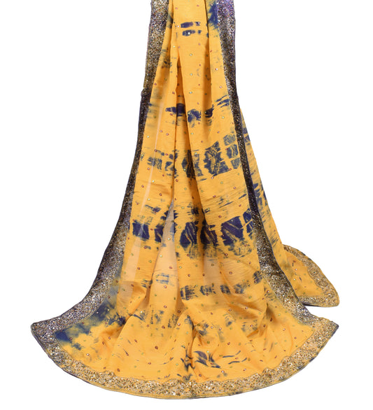 Sushila Vintage Mustard Tie-Dye Dupatta Pure Chiffon Glass Embellish Long Stole