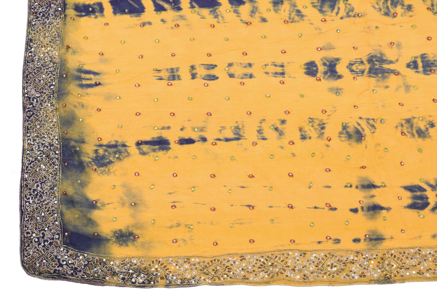 Sushila Vintage Mustard Tie-Dye Dupatta Pure Chiffon Glass Embellish Long Stole