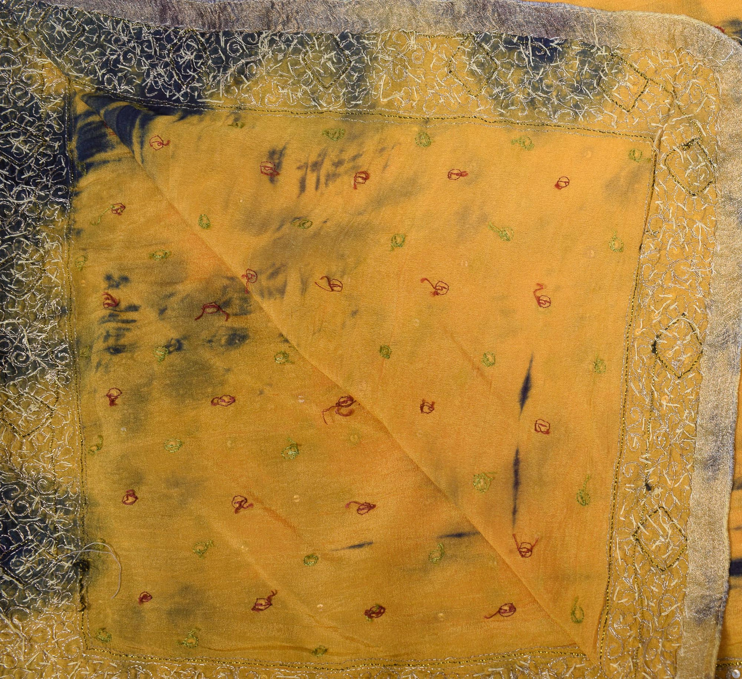 Sushila Vintage Mustard Tie-Dye Dupatta Pure Chiffon Glass Embellish Long Stole