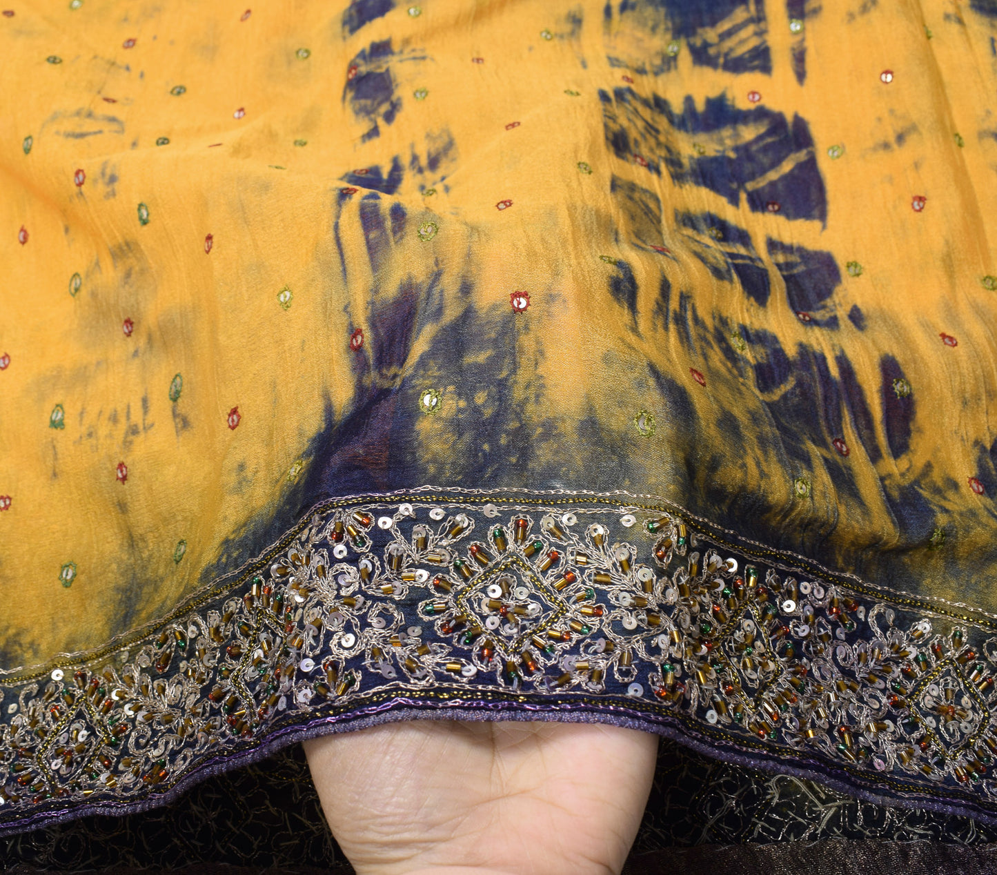 Sushila Vintage Mustard Tie-Dye Dupatta Pure Chiffon Glass Embellish Long Stole