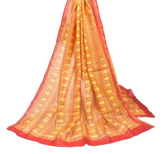 Sushila Vintage Red Yellow Dupatta Pure Cotton Silk Hand Block Long Stole