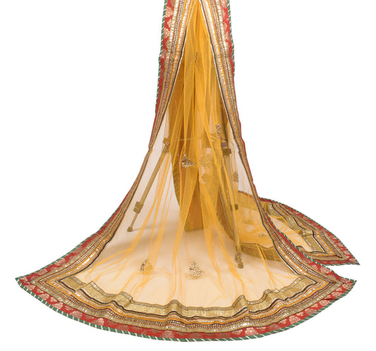 Sushila Vintage Mustard Net Dupatta Polki Kundan with Patch Work Long Stole Wrap