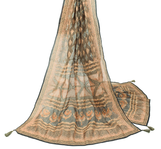 Sushila Vintage Green Brown Dupatta Art Silk Kantha Embroidered Long Stole