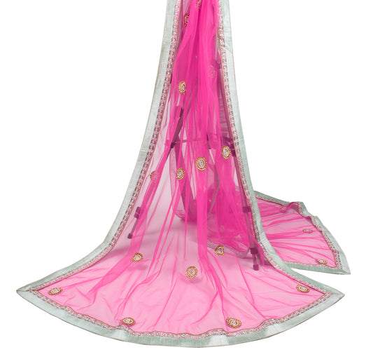 Sushila Vintage Pink Net Dupatta Stone & Pearl Work Traditional Long Stole