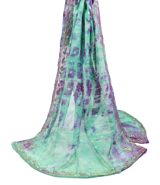 Sushila Vintage Green Purple Tie-Dye Dupatta Sequins Embellish Pure Chiffon Long Stole