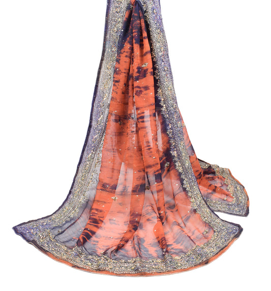 Sushila Vintage Rust Tie-Dye Dupatta Pure Chiffon Hand Beaded Long Stole Veil
