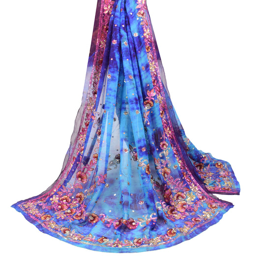 Sushila Vintage Blue Tie-Dye Dupatta Zari Embroidered Pure Georgette Long Stole