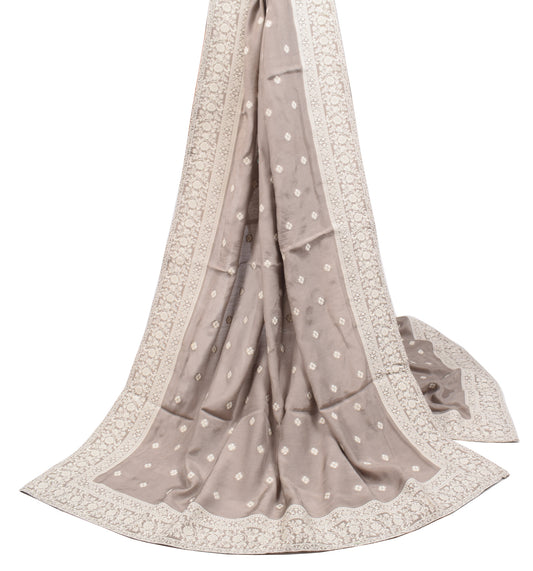 Sushila Vintage Gray Floral Dupatta Pure Cotton Silk Woven Long Stole Wrap