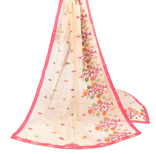 Sushila Vintage Beige Embroidered Dupatta Floral Art Silk Long Stole Scarves