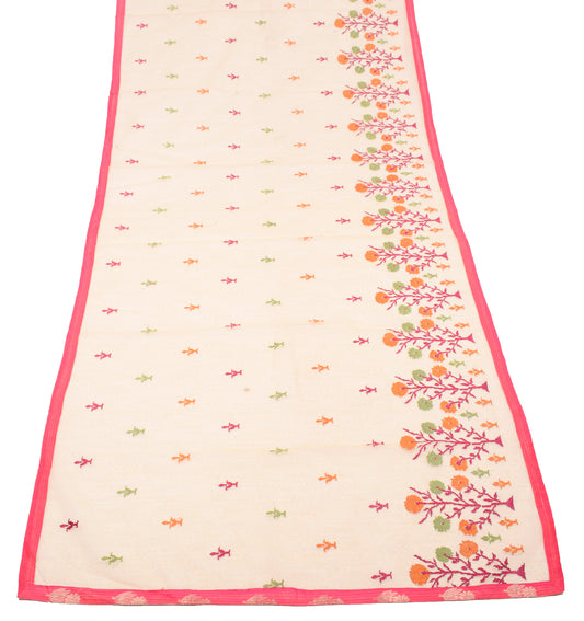 Sushila Vintage Beige Embroidered Dupatta Floral Art Silk Long Stole Scarves