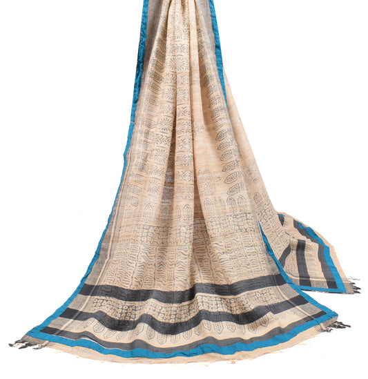Sushila Vintage BeigeBlock Printed Dupatta Pure Khadi Silk Long Stole