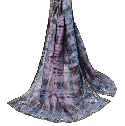 Sushila Vintage Black Tie-Dye Dupatta Pure Chiffon Glass Embellish Long Stole