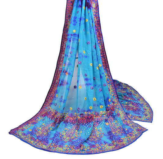Sushila Vintage Blue Floral Dupatta Tie-Dye & Embroidered Pure Georgette Long Stole
