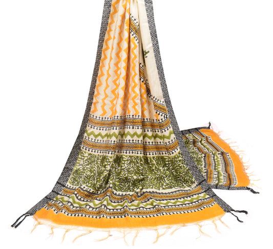 Sushila Vintage Pure Woolen Dupatta Hand Block Printed Cream Soft Long Stole
