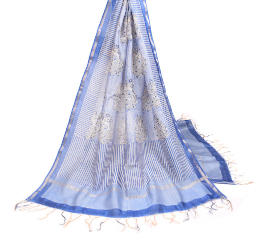 Sushila Vintage BRANDED Blue Dupatta Pure Cotton Silk Block Printed Long Stole
