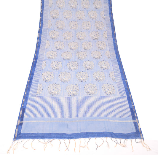 Sushila Vintage BRANDED Blue Dupatta Pure Cotton Silk Block Printed Long Stole
