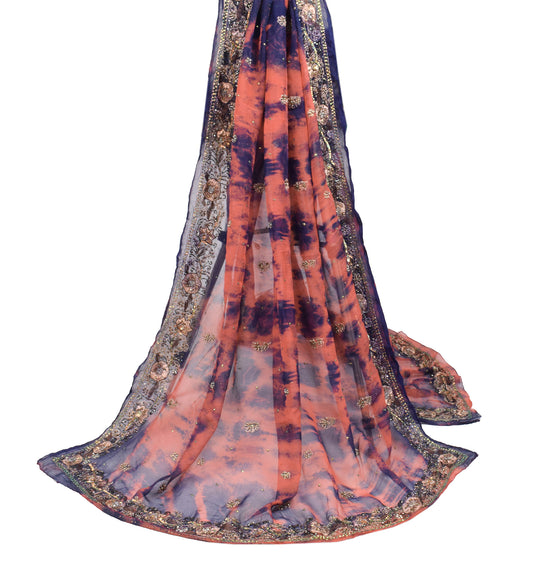 Sushila Vintage Tie-Dye Rust Dupatta Pure Chiffon Hand Beaded Long Stole Veil