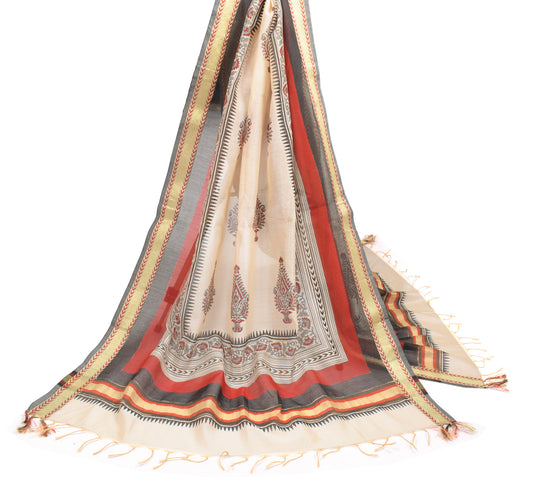 Sushila Vintage Beige Hand Block Dupatta Pure Cotton Silk Woven Long Stole