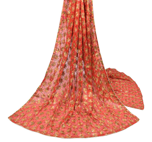 Sushila Vintage Red Floral Dupatta Art Chiffon Bagh Phulkari Embroidered Long Stole Wrap