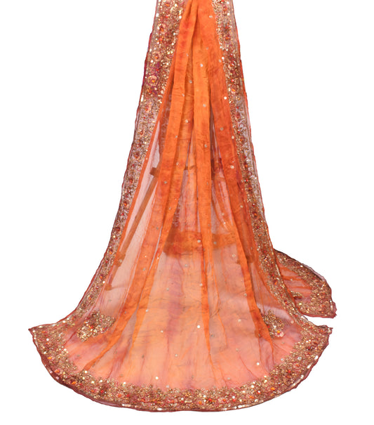 Sushila Vintage Orange Tie-Dye Dupatta Hand Beaded Pure Chiffon Long Stole Wrap