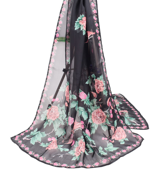Sushila Vintage Black Dupatta Digital Printed Birds Pure Organza Long Stole
